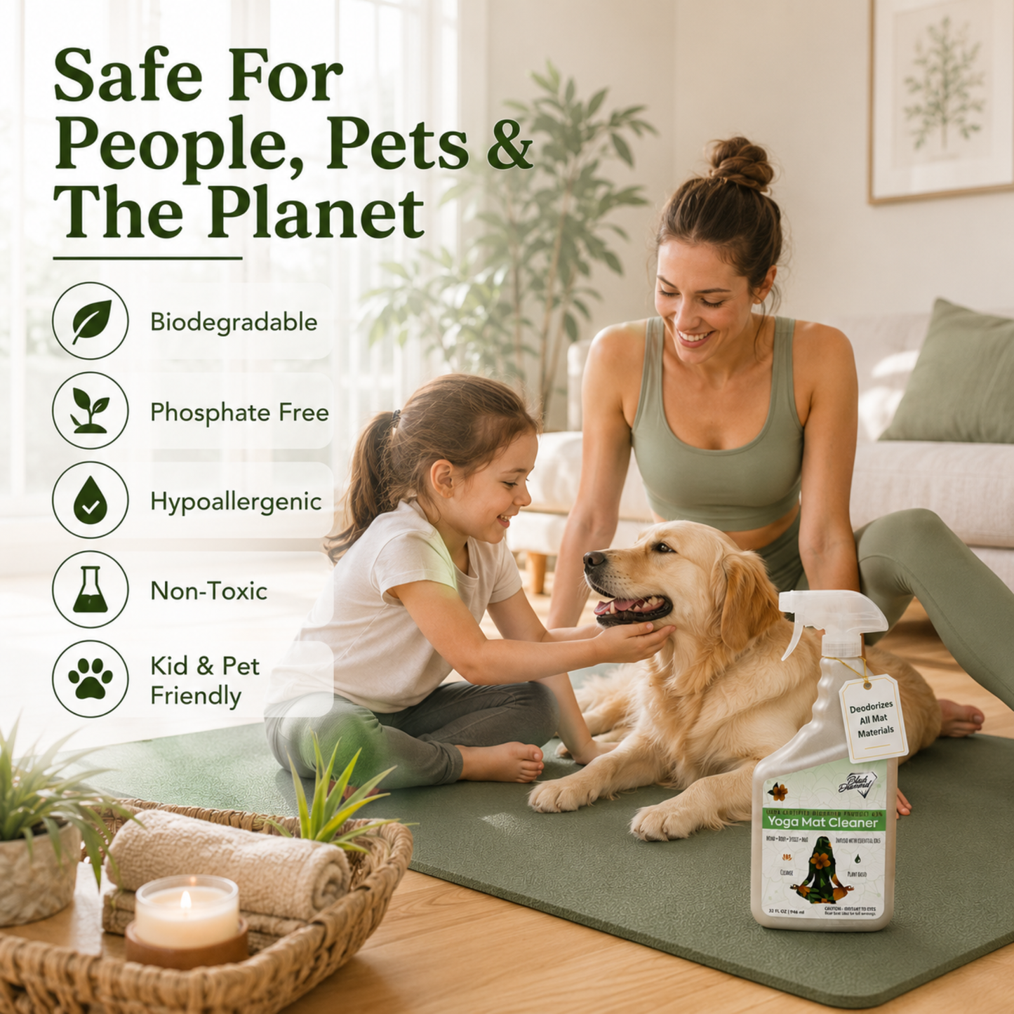 Woman and child with a dog on a yoga mat, with a bottle of cleaning product in the foreground, set against a homey background.