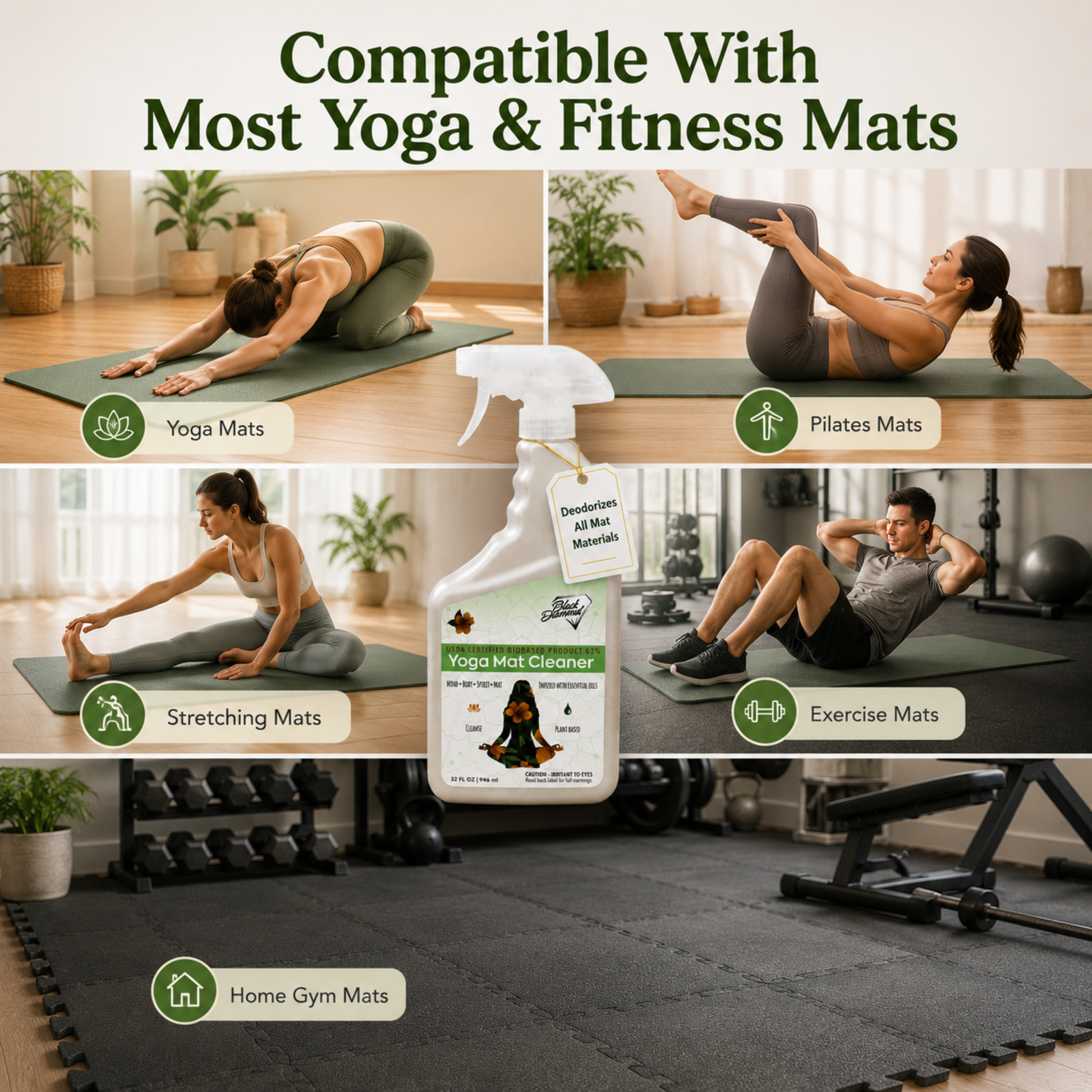 Yoga mat cleaner with images of people using yoga mats in a home gym setting.