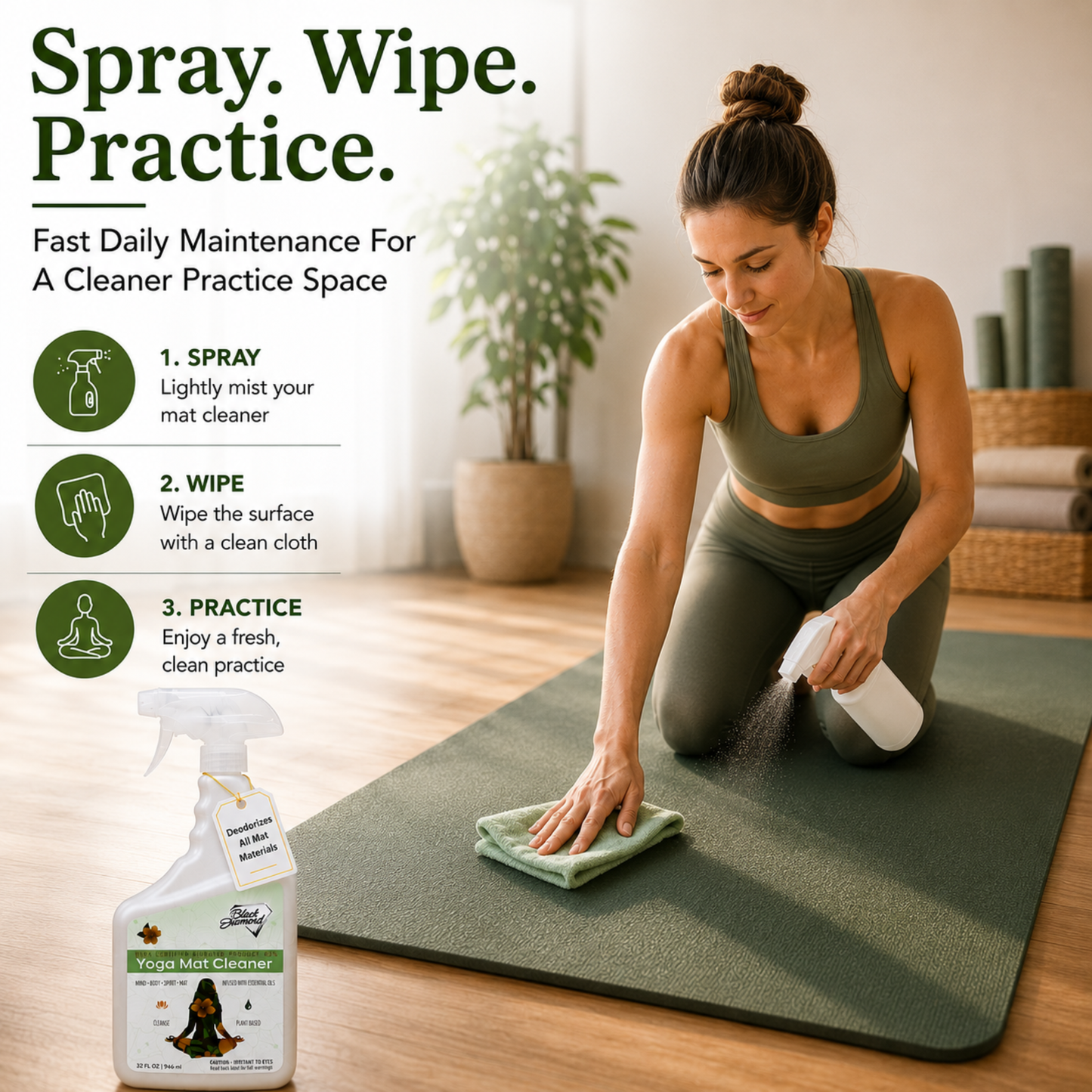 Woman cleaning a yoga mat with a spray bottle and towel, with text on fast daily maintenance.