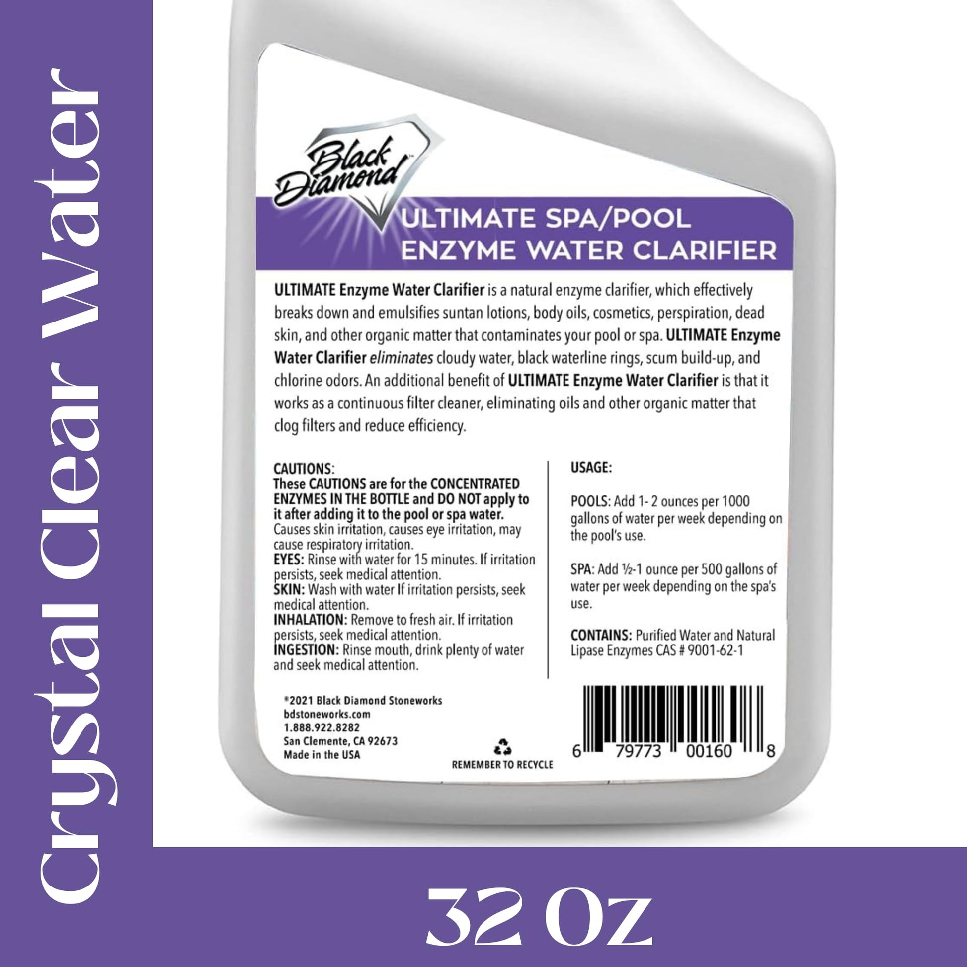 Black Diamond Ultimate Spa/Pool Enzyme Water Clarifier bottle with label on a white background