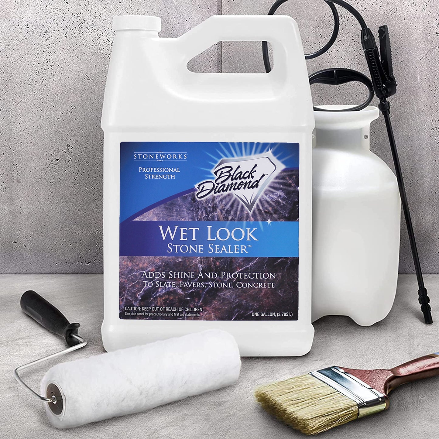 Black Diamond Stoneworks Wet Look Natural Stone Sealer Provides Durable Gloss and Protection to: Pavers, Slate, Concrete, Sandstone, Driveways, Garage Floors. Interior or Exterior.