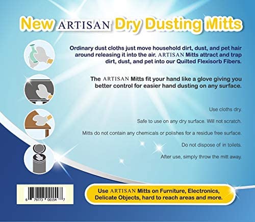 Artisan Dusting Mitt replaces Microfiber Dusting Cloths, Dust Wipes, Feather Dusters. Grabs and Locks in Dust, Pet Hair, and Allergens for The Best